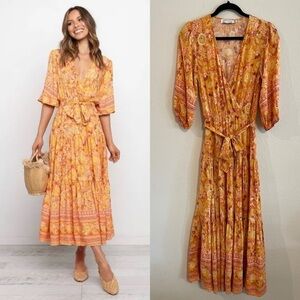 Petal & Pup Women Faux Wrap Maxi Dress XS Orange Zesty Floral Balletcore